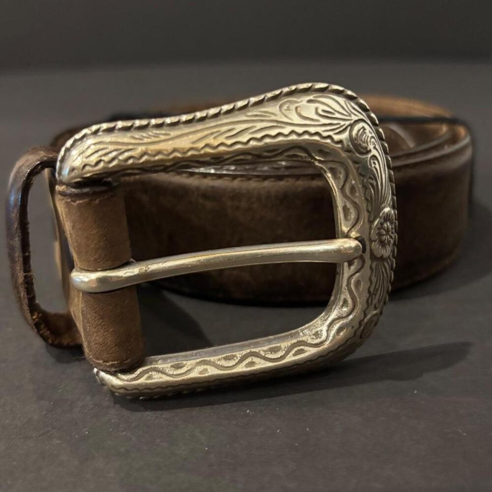 Brown genuine leather belt with silver buckle - size 38 Mens sizing